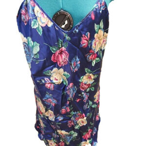 383. VINTAGE Sentiments Floral Royal Blue Satin Nightie |M  NWOT
